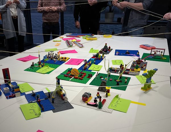 Table with results of a creative workshop using Lego and other materials to deeper understand connections and dependencies within a project