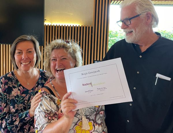 Birgit Gosejacob holds certificate for Radical Collaboration with Jim Tamm and Malou Laureys